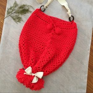 Vintage 70s Red Crochet Fringe Pom Poms Cute Bow Netting Tote Crossbody Hobo Bag